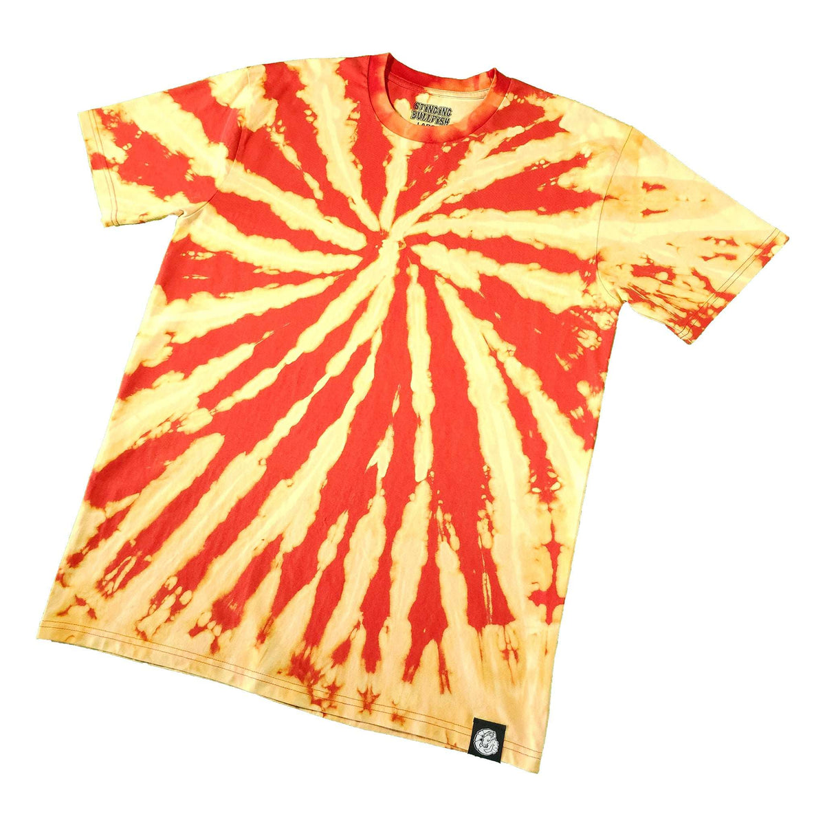 Spiral tie-dye T-shirt in red and cream, short-sleeve crewneck, small hem tag.