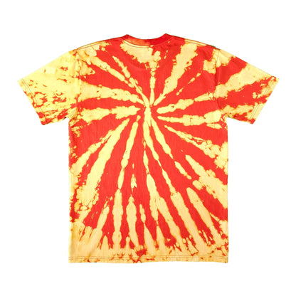 Red and cream spiral tie-dye T-shirt, short-sleeve crewneck, large sunburst swirl.