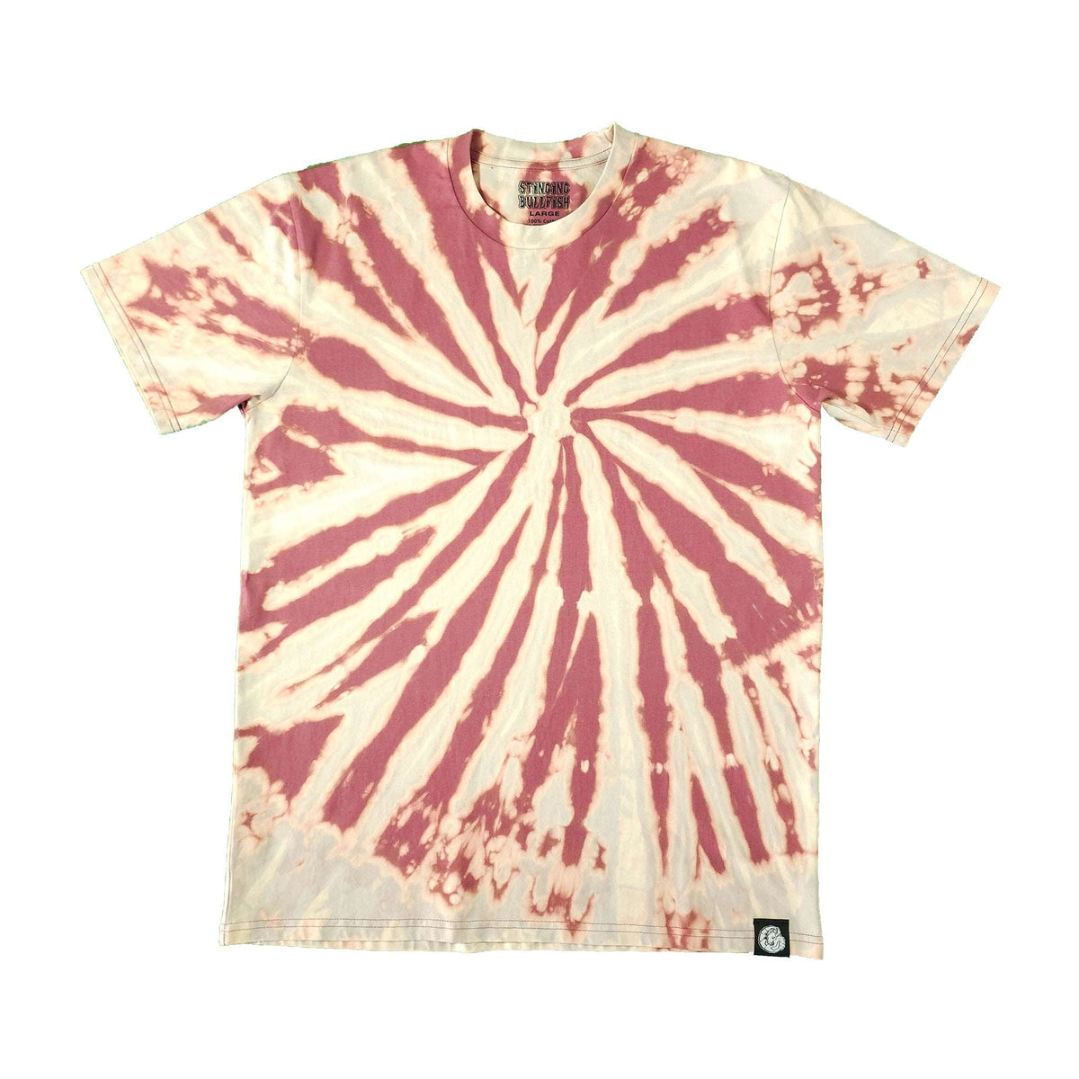 Spiral bleach-dye T-shirt with maroon and cream starburst pattern