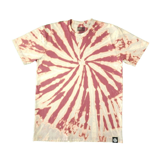 Spiral bleach-dye T-shirt with maroon and cream starburst pattern
