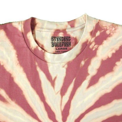 Spiral bleach-dye T-shirt, maroon and cream starburst; crew neck with logo