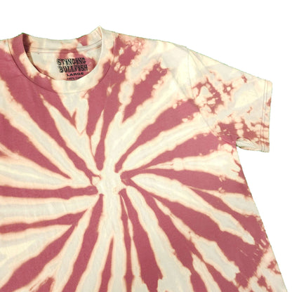Spiral bleach-dye T-shirt with maroon-and-cream starburst, short sleeves