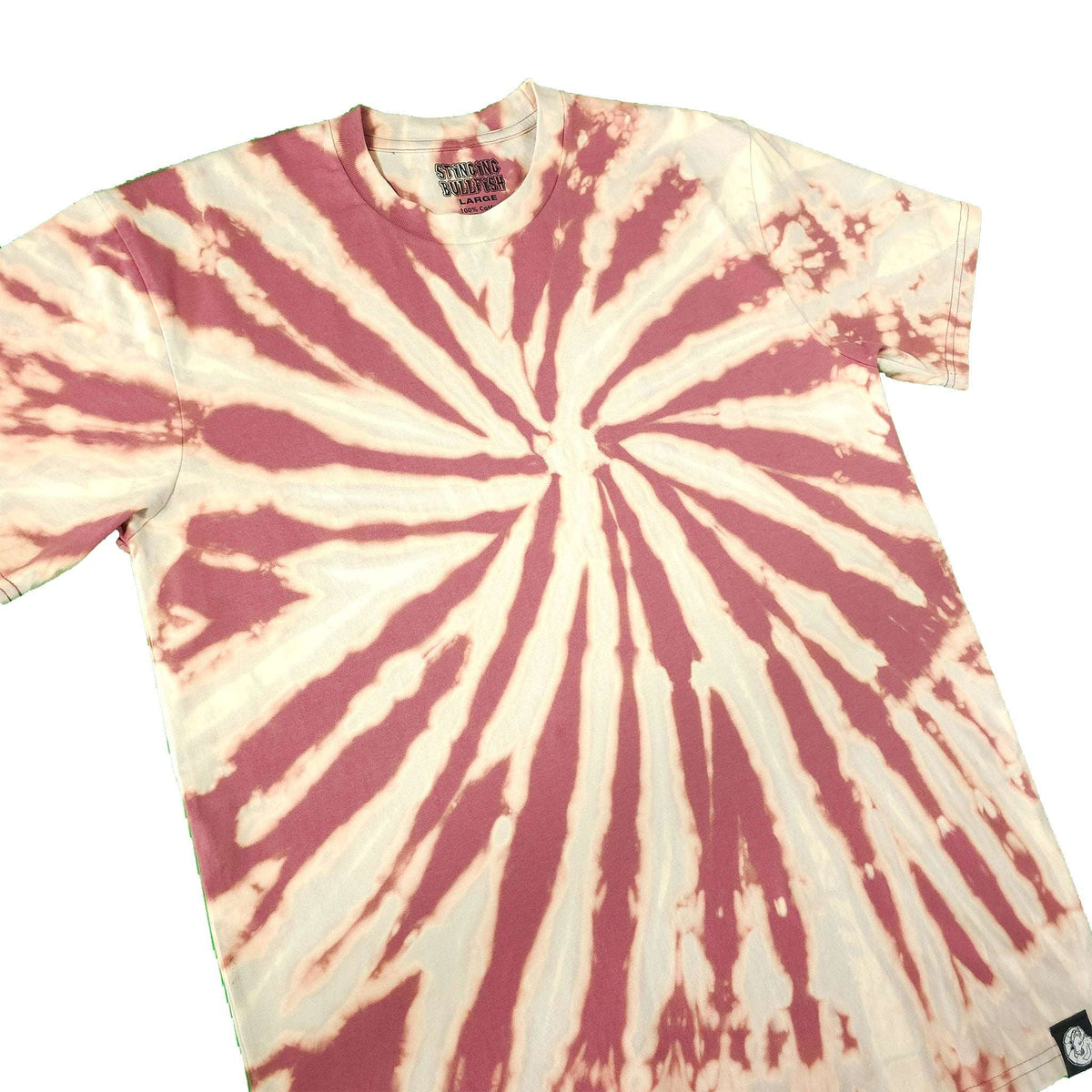 Spiral bleach-dye T-shirt in maroon and cream starburst; side logo tag