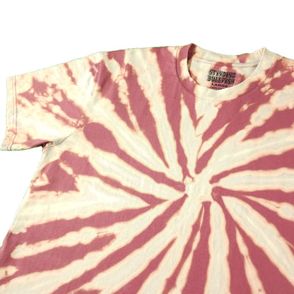 Spiral bleach-dye T-shirt with large maroon-and-cream starburst, crew neck
