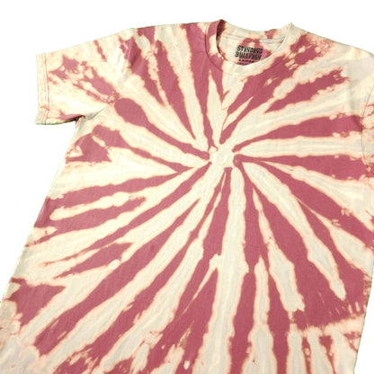 Spiral bleach-dye T-shirt, maroon and cream starburst swirl, crew neck logo