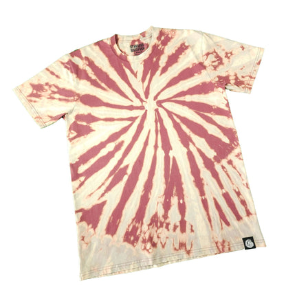 Spiral bleach-dye T-shirt with maroon and cream rays; short sleeves, crew neck