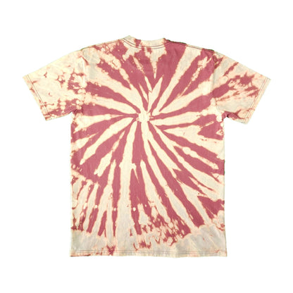 Spiral bleach-dye T-shirt, maroon and cream starburst; hem shows small back tag