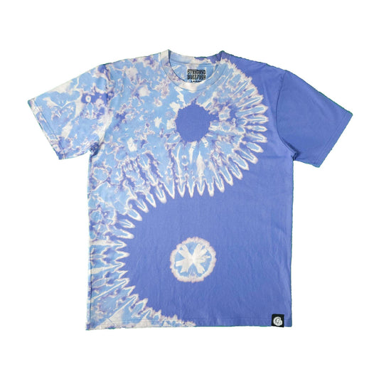 Blue bleach-dye T-shirt with large spiral circle graphics and crew neck.