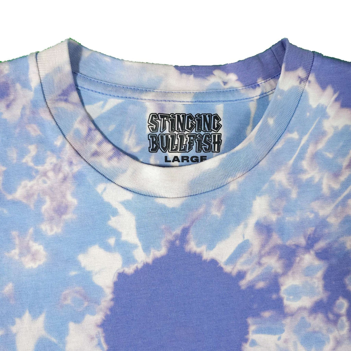 Stinging Bullfish crew-neck T-shirt with blue bleach-dye spiral pattern at chest.