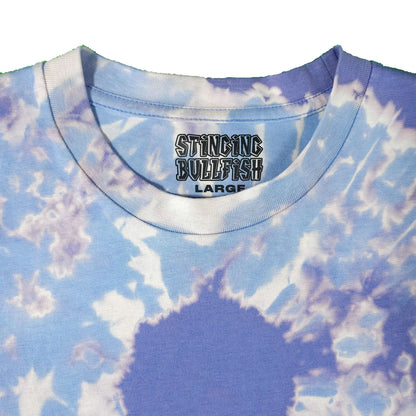 Stinging Bullfish crew-neck T-shirt with blue bleach-dye spiral pattern at chest.
