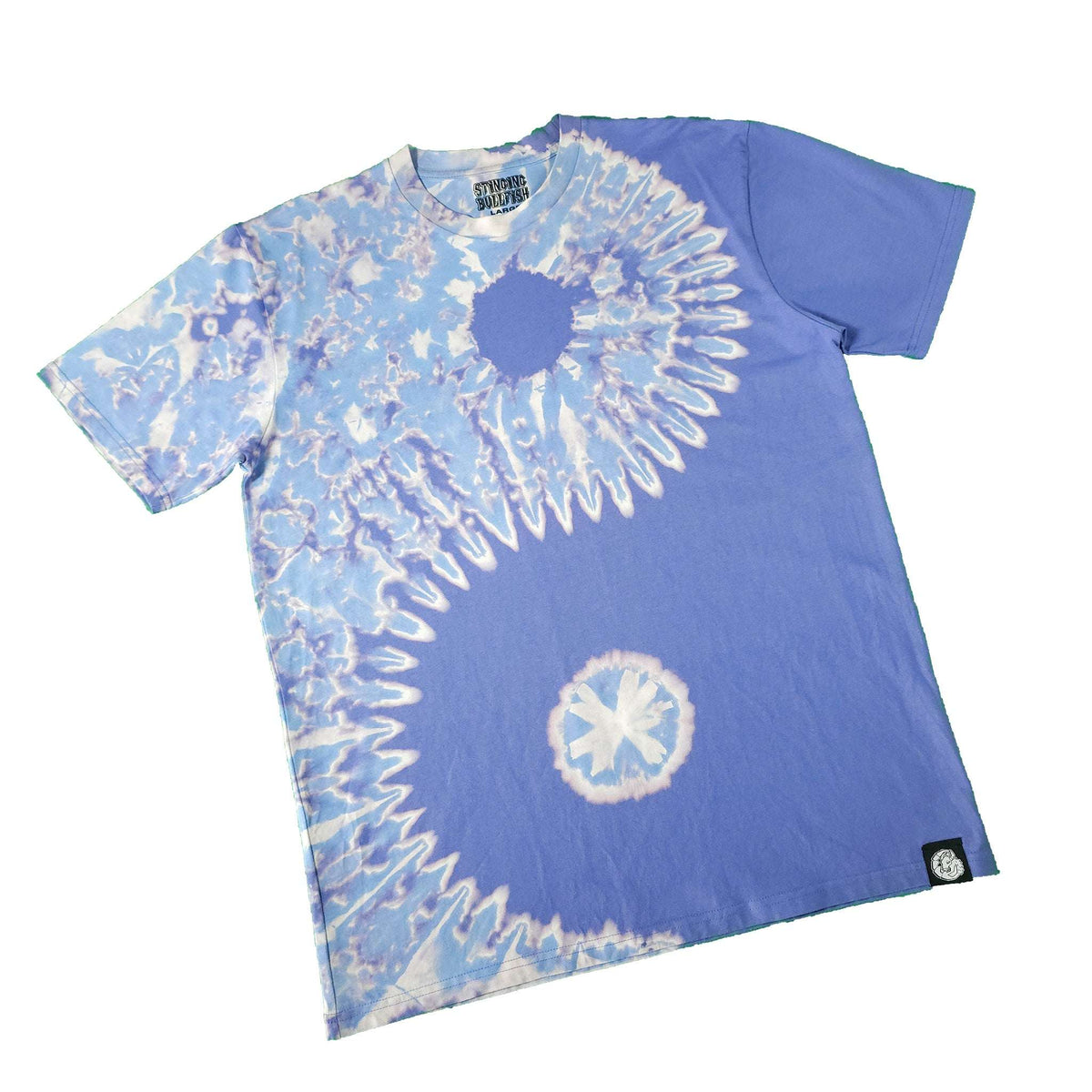 Blue bleach-dye T-shirt with white spiral circle accents and crew neck.