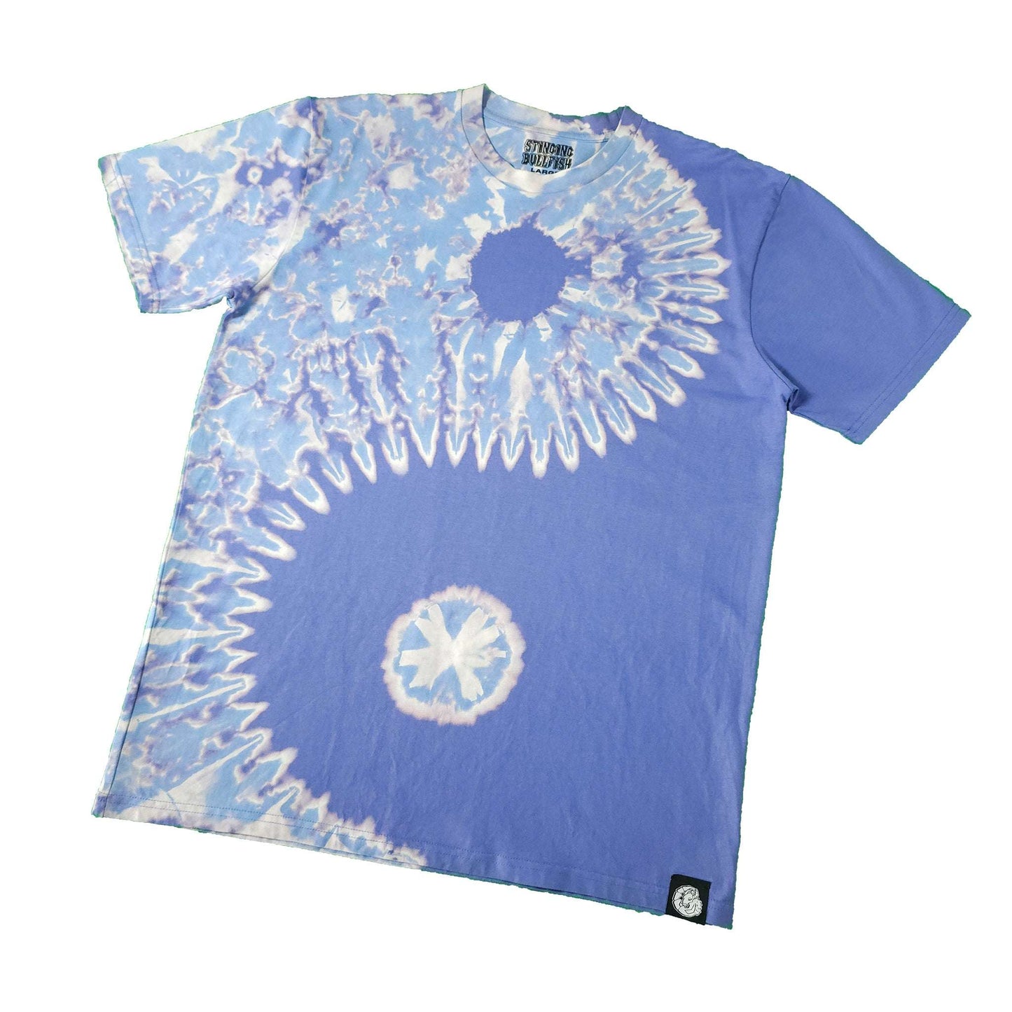 Blue bleach-dye T-shirt with white spiral circles and short sleeves.
