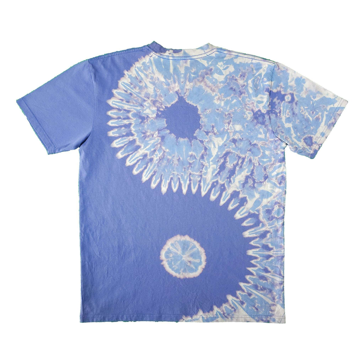 Blue bleach-dye T-shirt with back spiral circle graphics and crew neck.