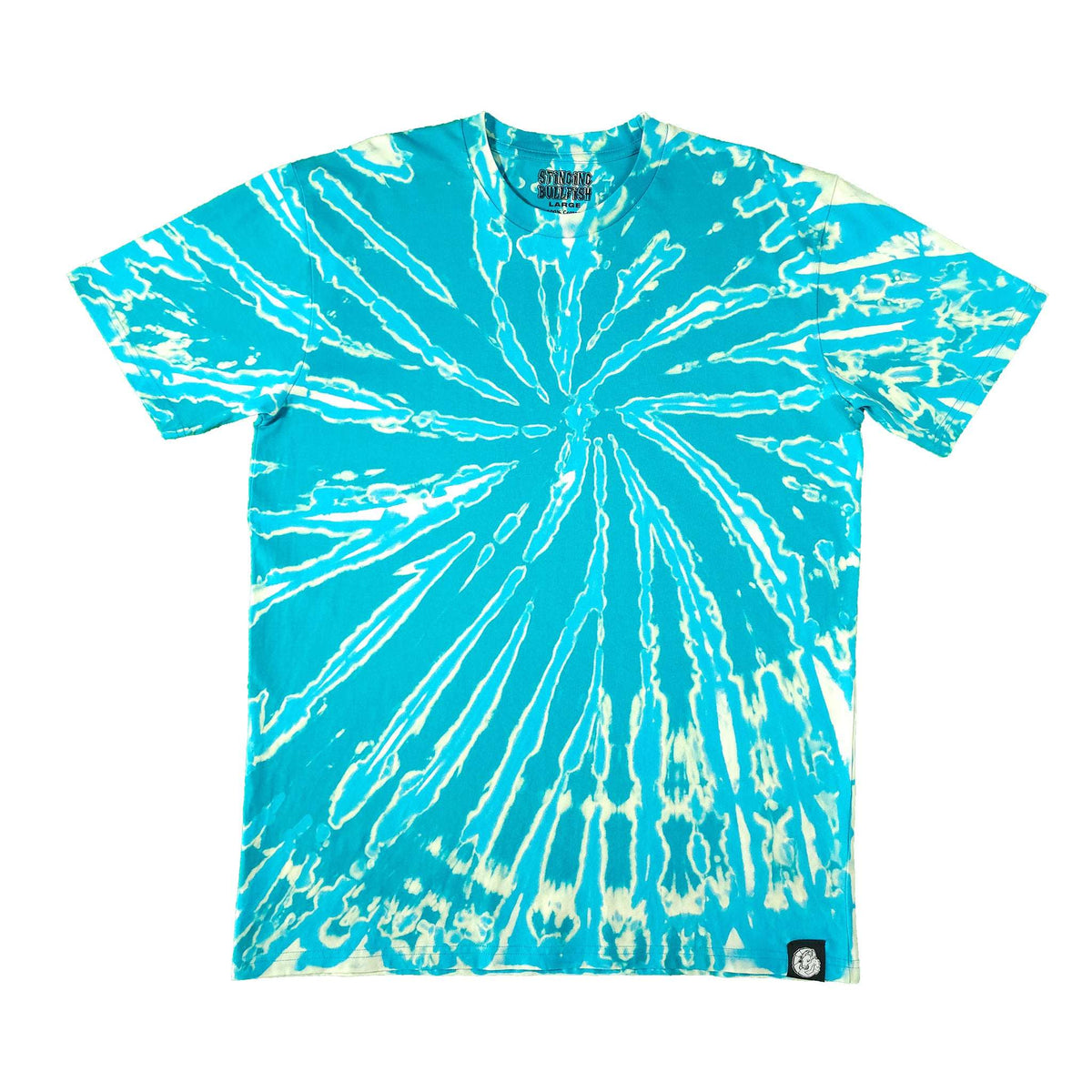 Teal tie-dye T-shirt with white spiral bleach lines, crew neck and short sleeves.