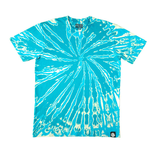 Teal tie-dye T-shirt with white spiral bleach lines, crew neck and short sleeves.