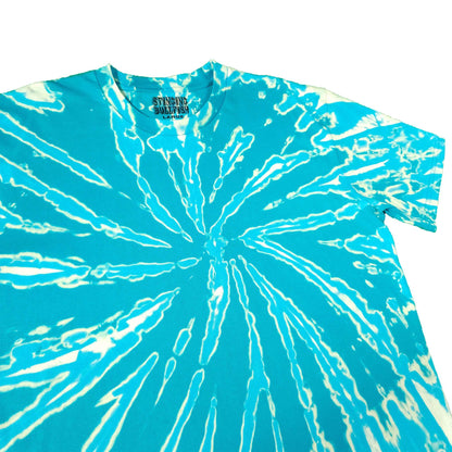 Teal tie-dye T-shirt with white radial spiral pattern, crew neck and short sleeves.