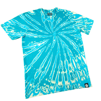 Teal tie-dye T-shirt with white spiral burst, crew neck, short sleeves, curved hem.