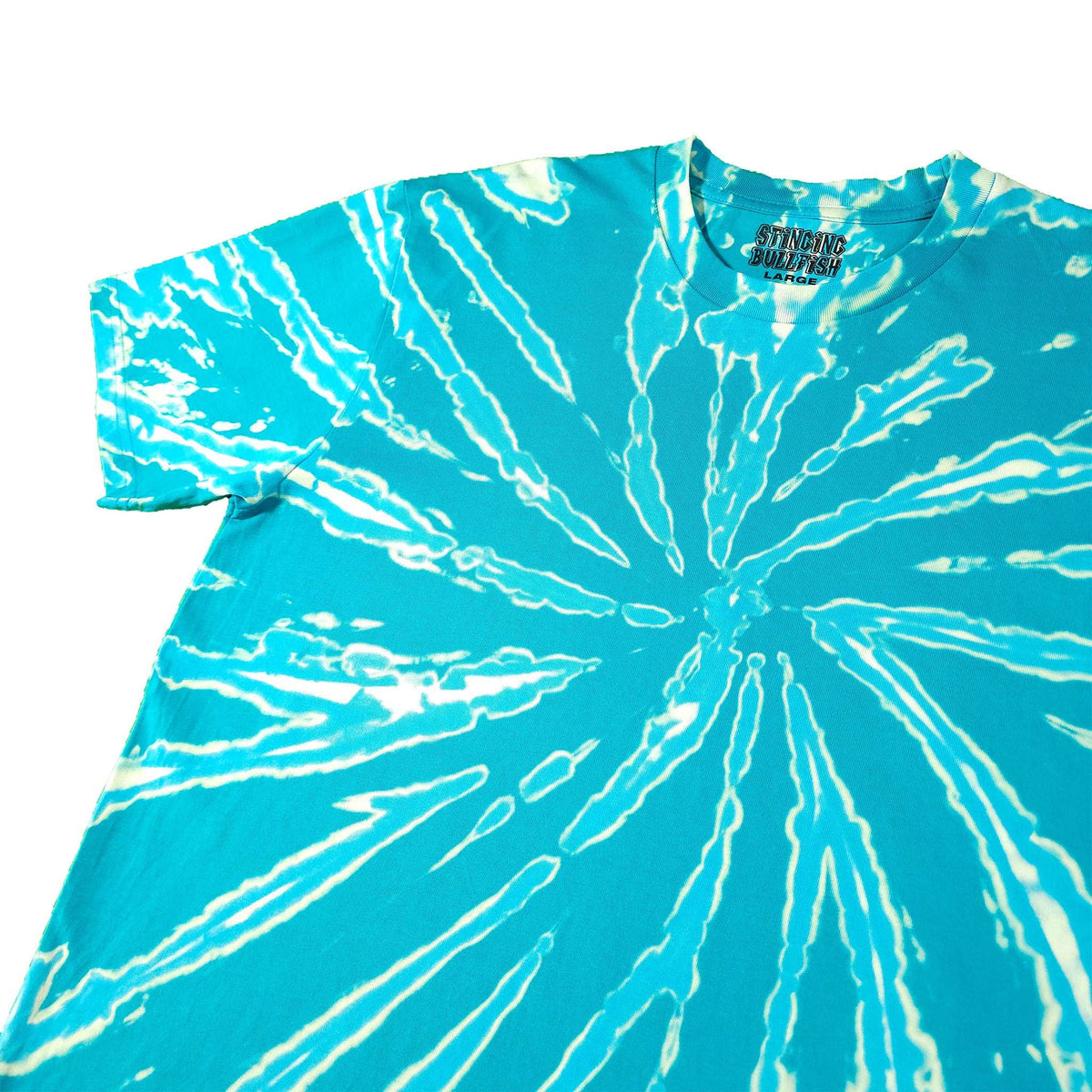 Teal tie-dye T-shirt with bright white radial lines, crew neck, short sleeves.