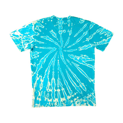 Teal tie-dye T-shirt with white spiral burst pattern, crew neck, short sleeves.
