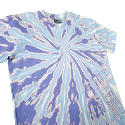Blue and lavender spiral tie-dye T-shirt front view, crew neck, short sleeves