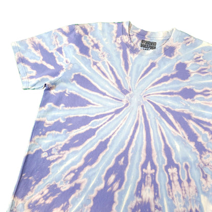 Blue and lavender spiral tie-dye T-shirt, angled view, crew neck and sleeve