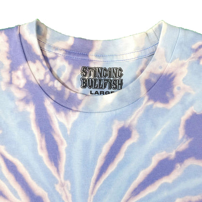 Blue and lavender spiral tie-dye T-shirt with chest graphic logo and crew neck