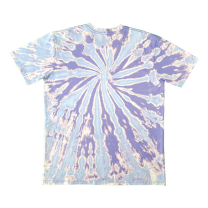 Blue and lavender spiral tie-dye T-shirt with centered swirl design, crew neck