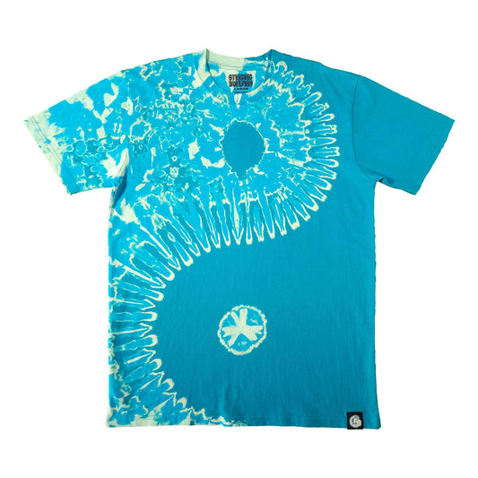 Teal tie-dye T-shirt with white circular graphic and swirl pattern across chest