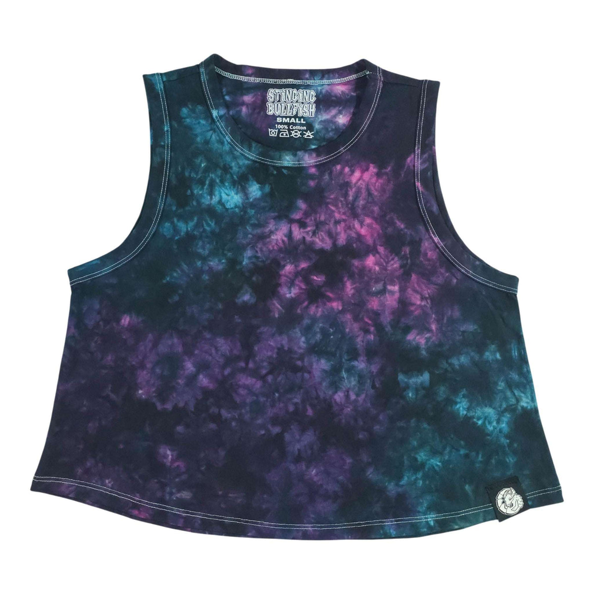 Nebula tie-dye crop vest, sleeveless scoop neck, purple and teal swirl pattern