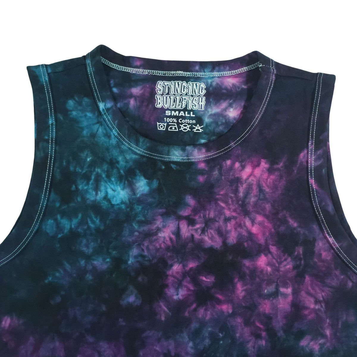 Tie-dye crop vest with sleeveless scoop neck and chest logo, purple-teal nebula print