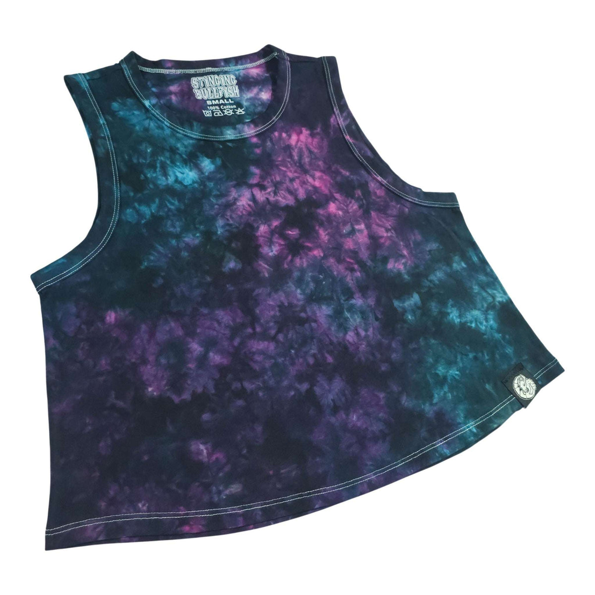 Tie-dye crop vest, scoop neck, purple-teal galaxy swirl, small logo patch hem
