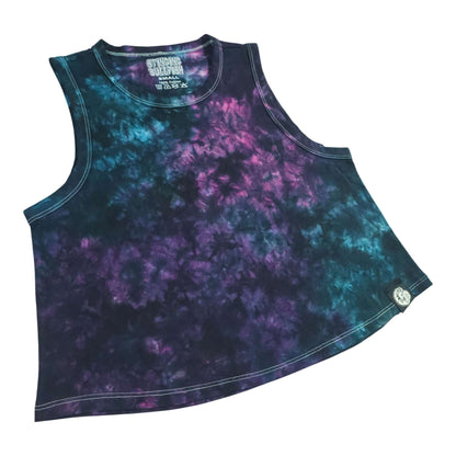 Tie-dye crop vest, scoop neck, purple-teal galaxy swirl, small logo patch hem