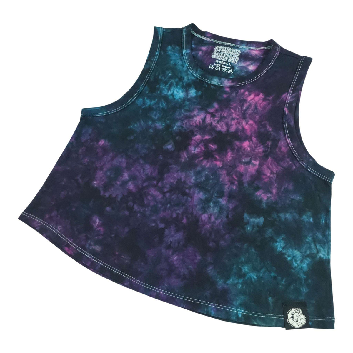 Tie-dye crop vest with scoop neck, purple-teal swirl, small logo patch at bottom