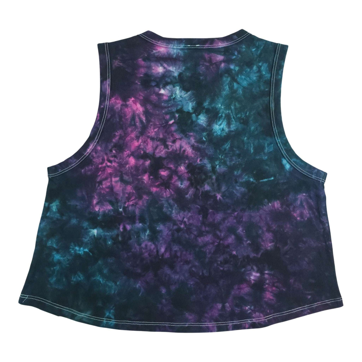 Tie-dye crop vest, sleeveless scoop neck, purple-teal nebula print, no front patch
