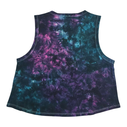 Tie-dye crop vest, sleeveless scoop neck, purple-teal nebula print, no front patch