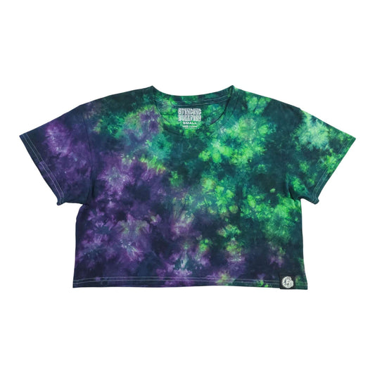 Tie-dye crop top in purple, green, and blue with short sleeves and crew neckline