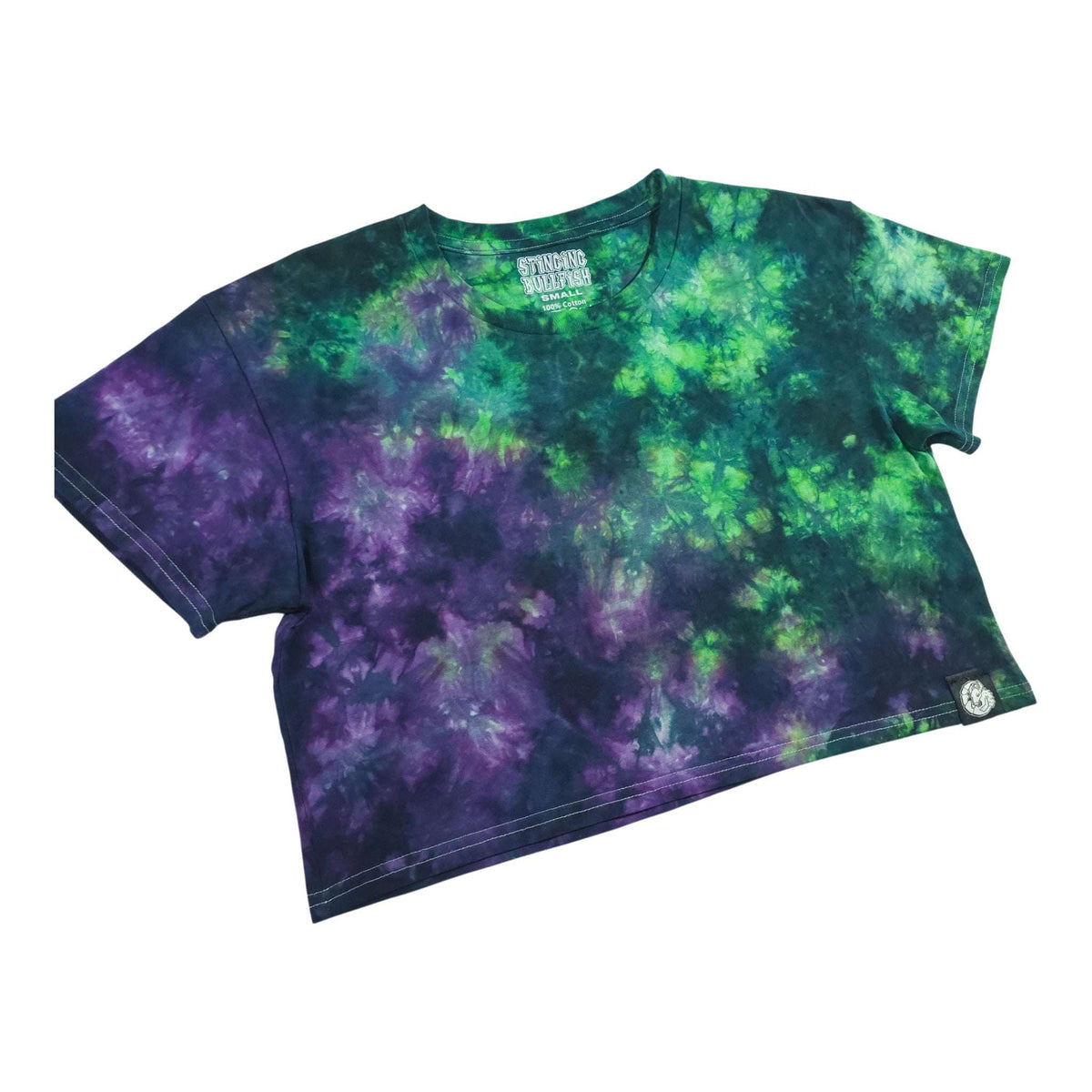 Tie-dye crop top purple and green with short sleeves, crew neck, and cropped hem