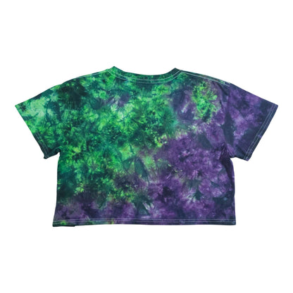 Tie-dye crop top in green and purple with short sleeves and crew neck