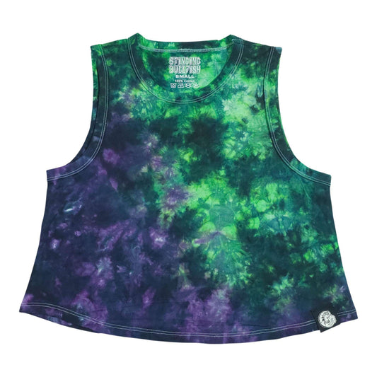 Green and purple tie-dye crop vest with sleeveless cut and scoop neckline