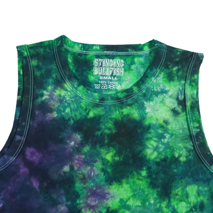 Green and purple tie-dye crop vest close-up of front graphic and scoop neckline
