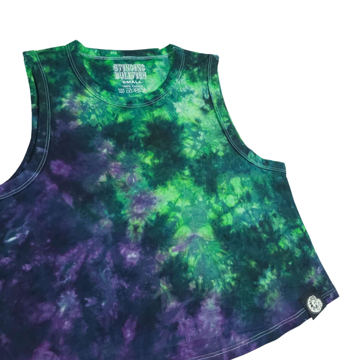 Green and purple tie-dye crop vest sleeveless scoop neck with small hem logo patch