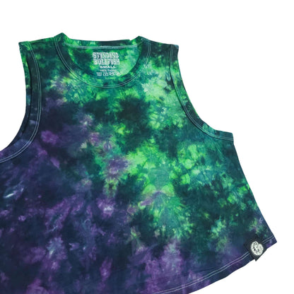 Green and purple tie-dye crop vest sleeveless scoop neck with small hem logo patch