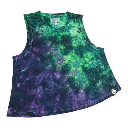 Green and purple tie-dye crop vest with sleeveless design and curved hem logo