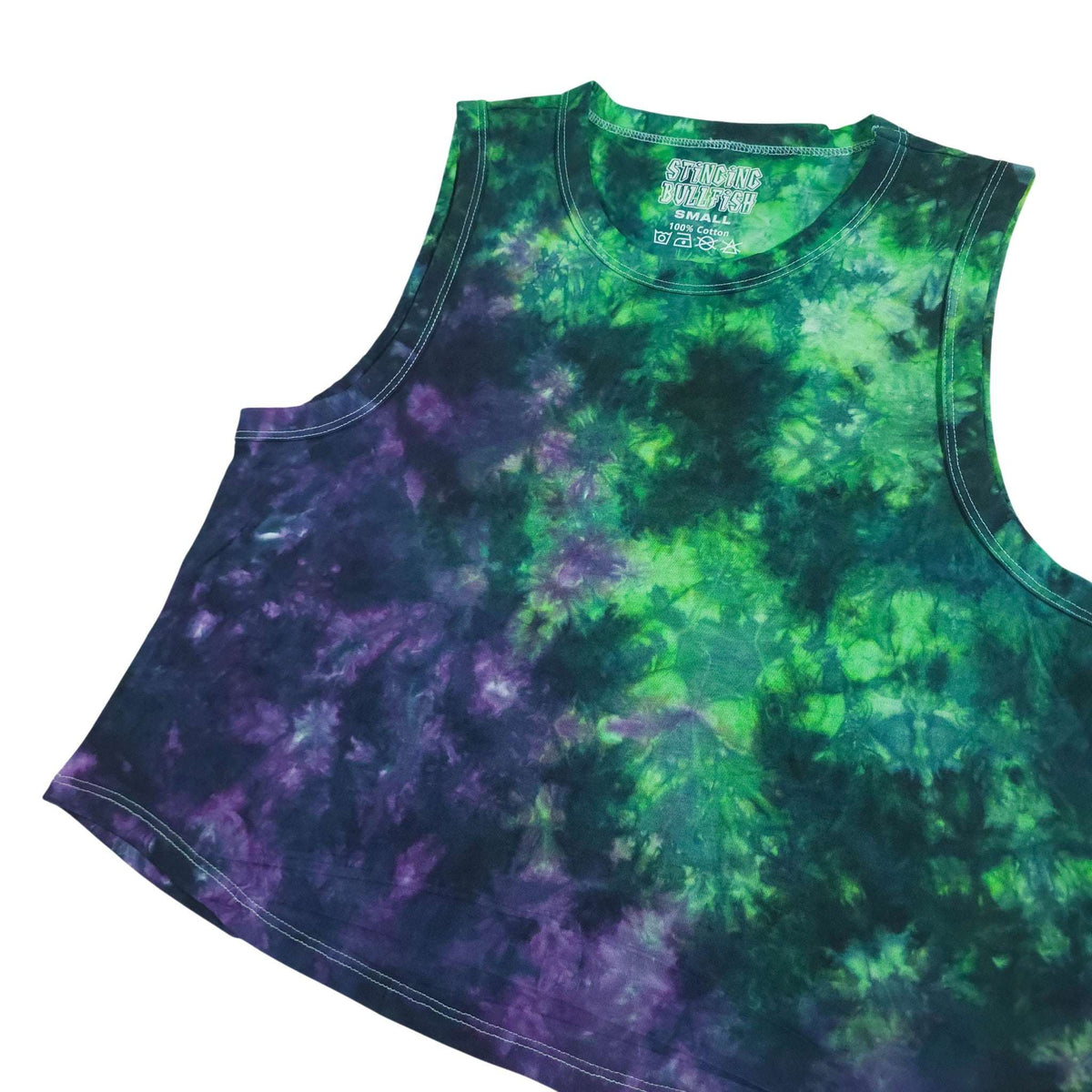Green and purple tie-dye crop vest with sleeveless scoop neck and flared hem