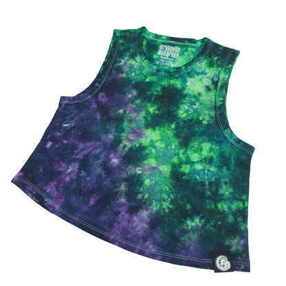 Green and purple tie-dye crop vest angled view with small circular hem logo