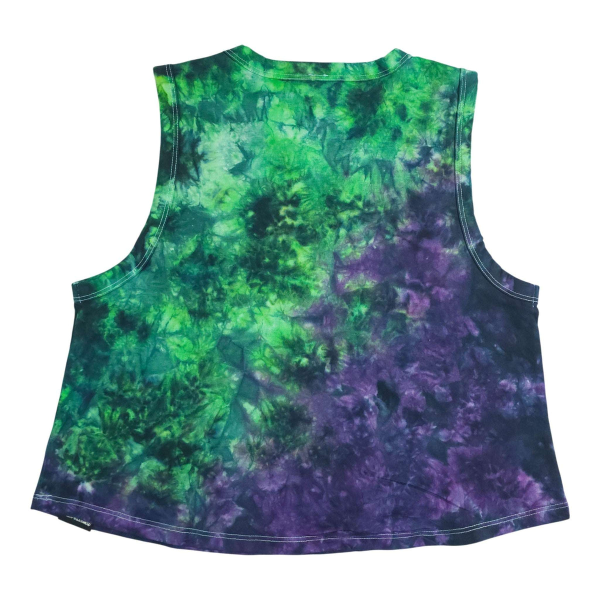 Green and purple tie-dye crop vest with sleeveless cut and scoop neckline