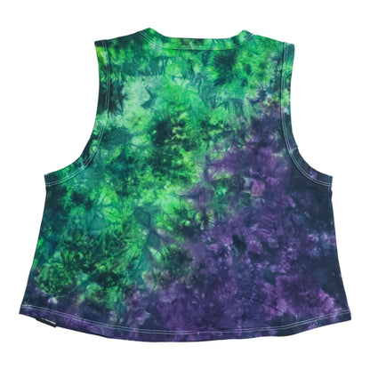 Green and purple tie-dye crop vest with sleeveless cut and scoop neckline