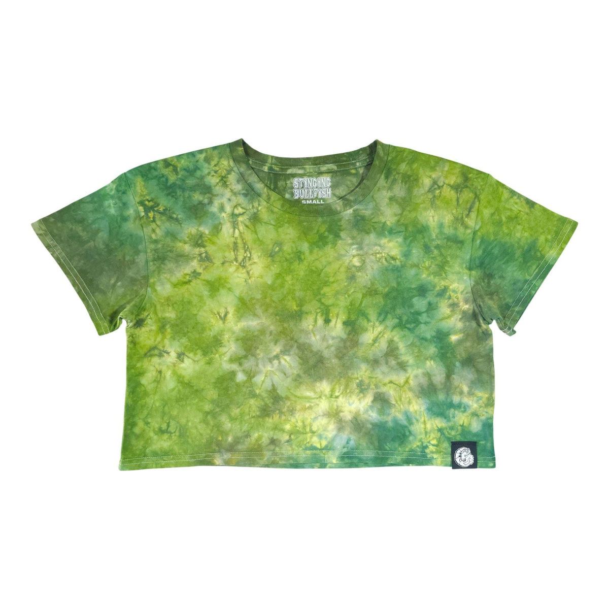 Green tie-dye crop top with short sleeves and crew neckline, small chest label.