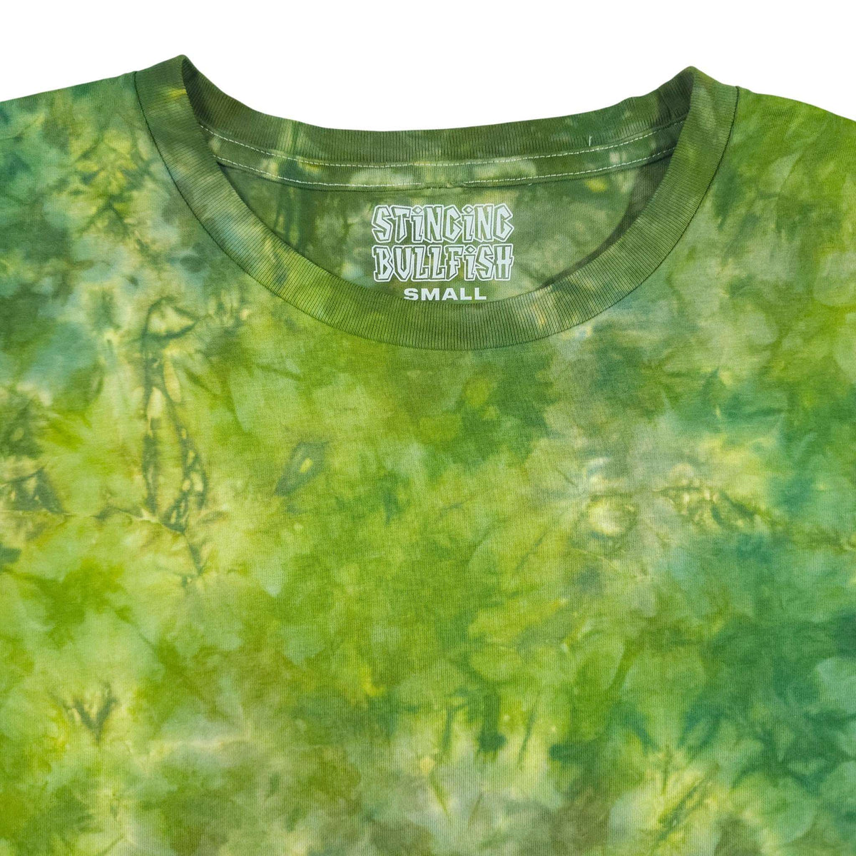 Green tie-dye crop top close-up with crew neck and short sleeves, printed chest logo.