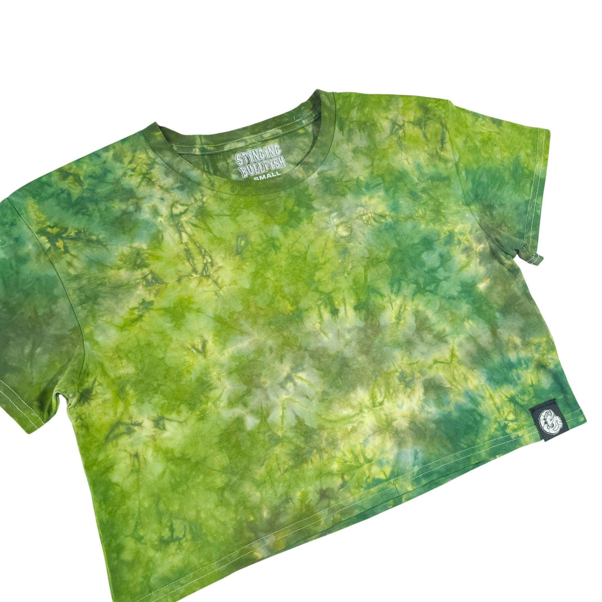 Green and blue tie-dye crop top with short sleeves, crew neck, side sleeve tag.